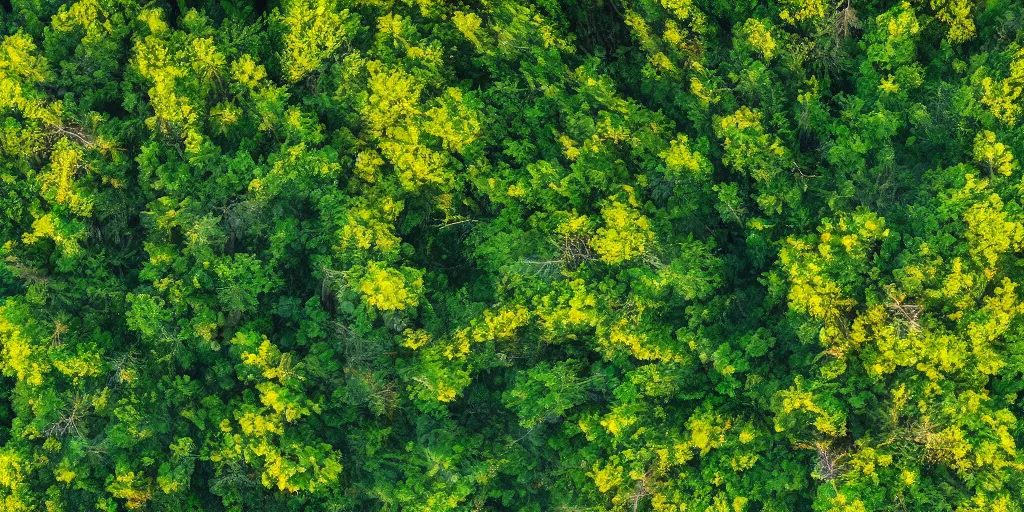 Image similar to horizontal view of sunlit rainforest treetops with flying birds, photograph, 4 k