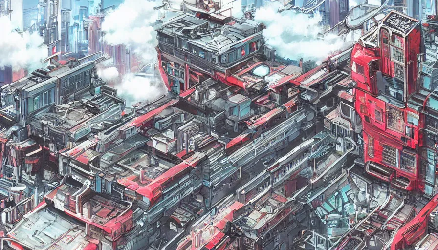 Prompt: Concept Art Painting of neo-Tokyo Maximum Security Mint, in the Style of Akira, Anime, Dystopian, Highly Detailed, Red Building, Helipad, Special Forces Security, Crypto Valut, Helicopter Drones, 19XX