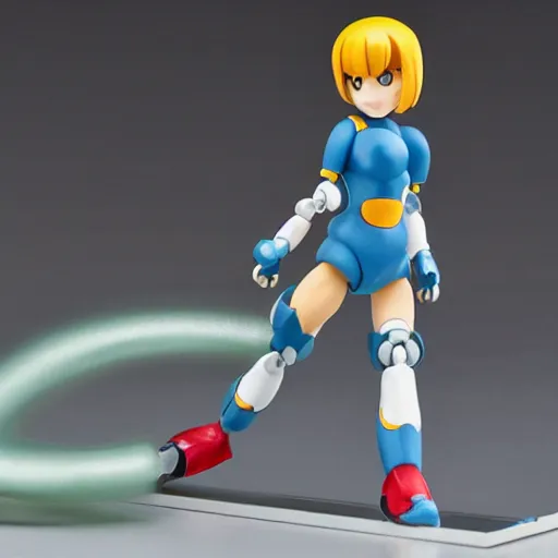 Image similar to photo of figma figures in a diorama : : roll is repairing computers in dr. light's laboratory. roll is a cute female ball - jointed robot ( in the style of mega man ) who has blonde hair with bangs and a ponytail tied with a green ribbon. she is wearing a red one - piece dress with a white collar, and red boots.