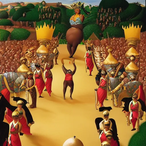 Image similar to an extremely obese ssbbw africn queen with a golden crown being carried through a vast and endless open air buffet by an army of servants, by fernando botero.