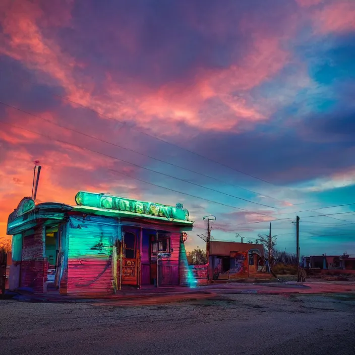 Image similar to a sunset light landscape with historical route 6 6, lots of sparkling details and sun ray ’ s, blinding backlight, smoke, volumetric lighting, colorful, octane, 3 5 mm, abandoned gas station, old rusty pickup - truck, beautiful epic colored reflections, very colorful heavenly, softlight