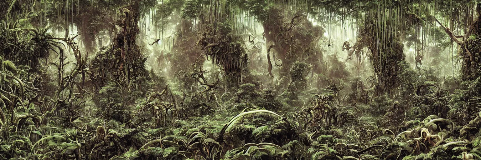 Image similar to underground cave on an exotic alien planet with a jungle canopy of antler trees in the background, leafy overgrowth, insectile weeds, demon faces, skulls, by ian miller, rodney matthews and al feldstein, photorealistic render