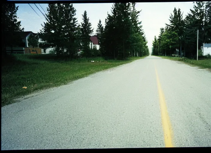 Prompt: A disposable camera picture of an empty street in a small rural Canadian suburb, Kodak Fling 200, 1983