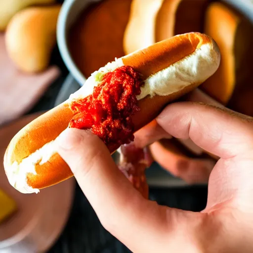 Image similar to fist holding a hotdog, dipping it into a large bowl of milk