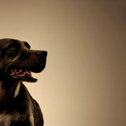 Image similar to barking angry dog looking at monitor photo dramatic lighting from behind