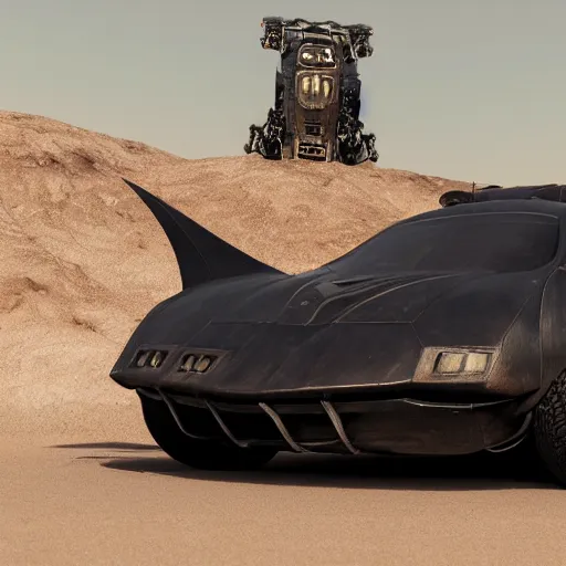 Image similar to the batmobile in mad max, au naturel, hyper detailed, digital art, trending in artstation, cinematic lighting, studio quality, smooth render, unreal engine 5 rendered, octane rendered, art style by klimt and nixeu and ian sprigger and wlop and krenz cushart