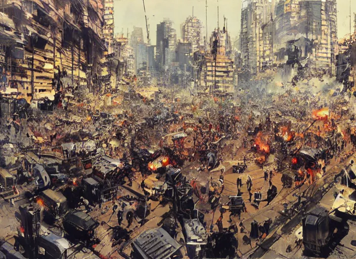 Image similar to people protesting in a dystopian santiago de chile by john berkey