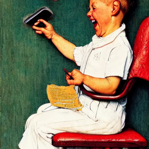 Prompt: Norman Rockwell painting of a talking on the phone, smiling