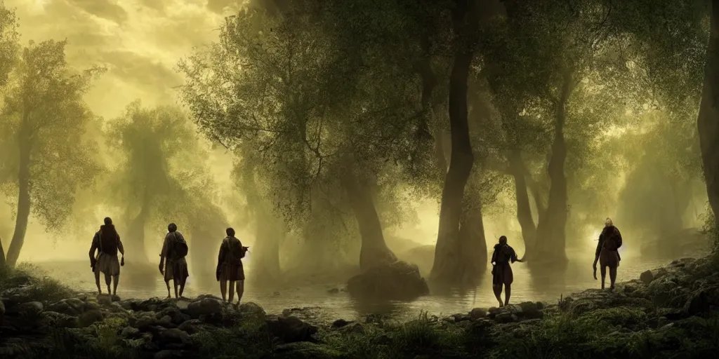 Prompt: muslim adventurers walking along the river bank in a forest, an epic fantasy, dramatic lighting, cinematic, extremely high detail, photorealistic, cinematic lighting, matte painting, artstation, by Christopher Nolan, 50mm lens, horizon forbidden west