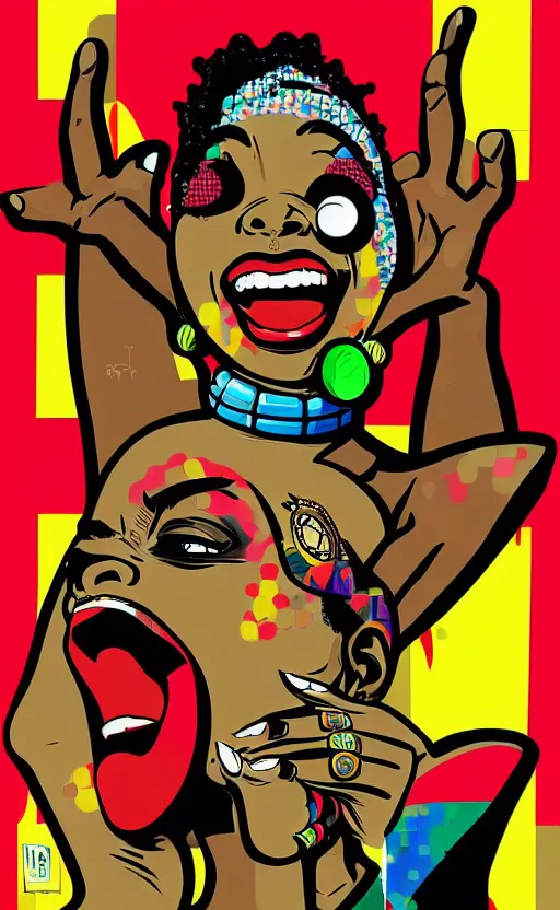 Image similar to mama africa laugh at her child!!! pop art, pixel, bioshock, gta chinatown, artgerm, richard hamilton, mimmo rottela, julian opie, aya takano, avoid object duplicate!!!