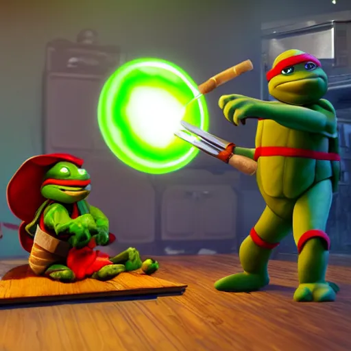 Prompt: teenage mutant ninja turtle with frying pan near kitchen stove, wearing chef hat, frying nails, volumetric lighting, realistic, photo, artstation