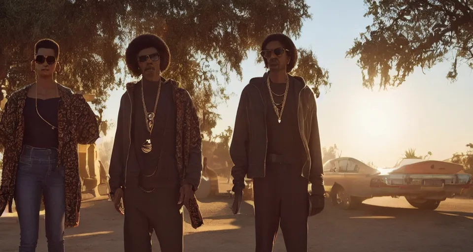 Image similar to first image afrofuturistic heist movie starring halle berry, snoop dogg and james brown, sundance official selection. shot at the watts towers with alexa mini, stunning cinematography, golden hour, filmgrain.