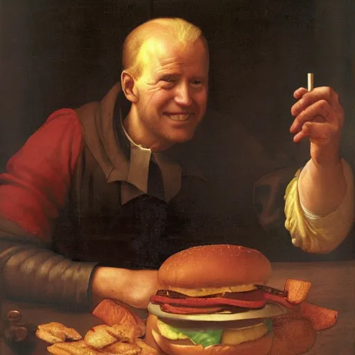 Prompt: joe biden eating a hamburger by da vinci, 4 k