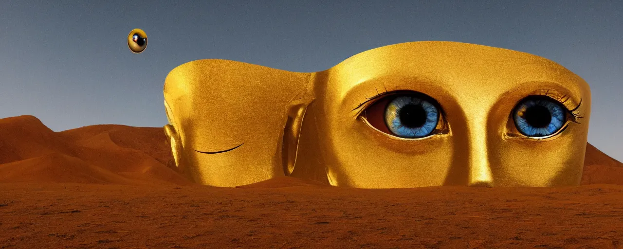 Image similar to a surreal golden painting of giant buddahs eyes floating above the desert