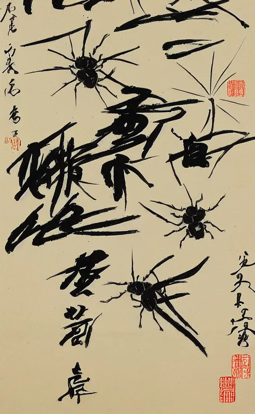 Image similar to qi baishi's chinese painting, insect and plant