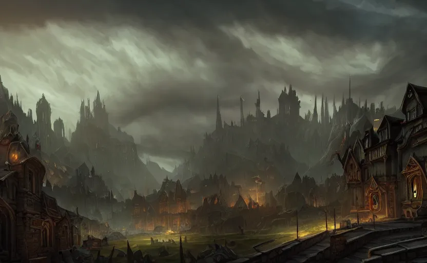 Image similar to extreme long shot concept art depicted old english majestic town, dramatic mood, overcast mood, dark fantasy environment, dieselpunk, art from legends of runeterra, art from league of legends, art from arcane, trending on artstation, unreal engine, golden ratio, spectacular composition