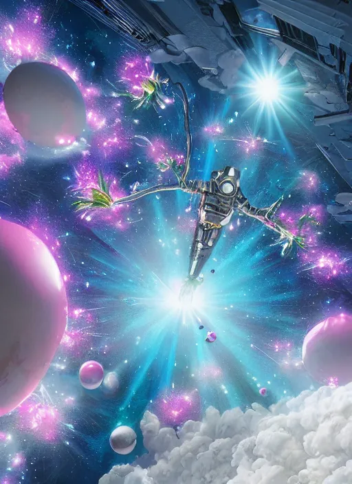 Prompt: An epic fantastic realism comic book style painting of the most beautiful flowers launched into space, perfect shiny silver iridescent dichroic spheres, bouquets, fisheye lens, unreal 5, DAZ, hyperrealistic, octane render, dynamic lighting