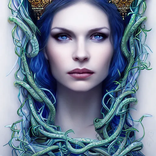 Image similar to detailed portrait of the queen of snakes, realism, pale blue, emerald, sapphire, wearing a crown of vines, nest of vipers, moonlit, dark fantasy, dramatic lighting, cgsociety, artstation