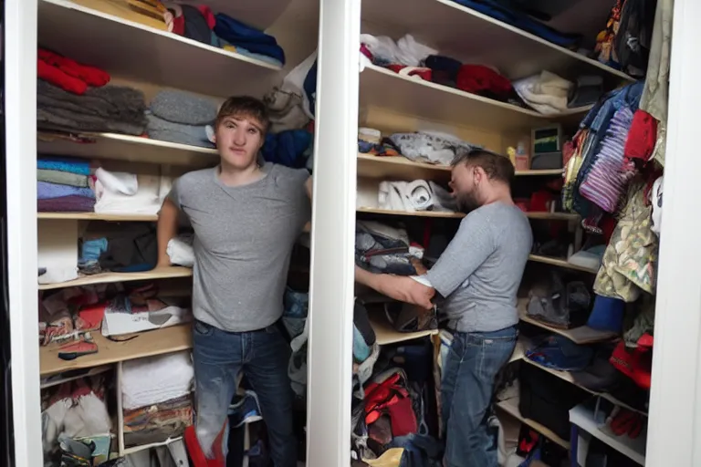 Prompt: dmitry puchkov hiding in closet