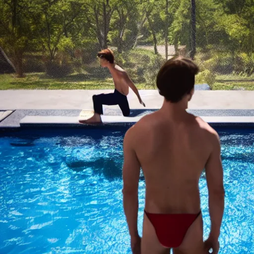 Prompt: cole sprouse standing on a diving board over a pool, red weapon 8 k s 3 5, cooke anamorphic / i lenses, highly detailed, cinematic lighting