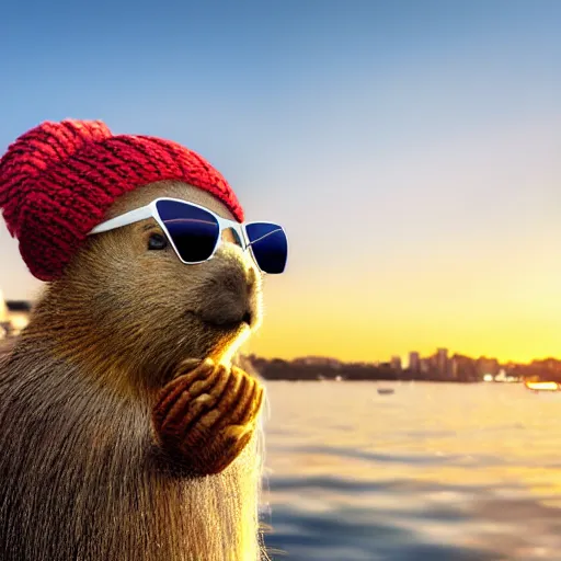 Prompt: a photorealistic photograph of a knitted cute Capybara wearing sunglasses and dressed a blue beanie cap. The subject is also sipping a refreshing Mai Tai drink cocktail outside Sydney Opera House during sunset. This 4K HD image is Trending on Artstation, featured on Behance, well-rendered, extra crisp, features intricate detail and the style of Unreal Engine.