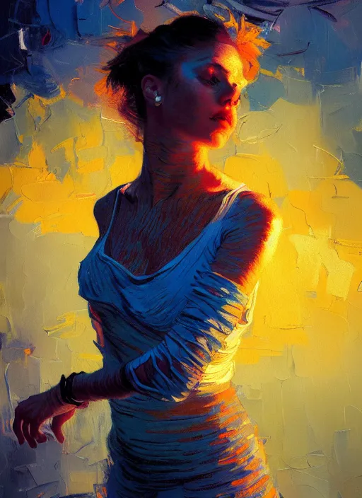 Prompt: portrait of beautiful girl, dancing, ecstatic, nighclub, sunset, shades of orange and blue, beautiful face, rule of thirds, intricate outfit, spotlight, by greg rutkowski, by jeremy mann, by francoise nielly, by van gogh, digital painting