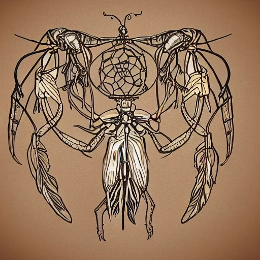 Image similar to dreamcatcher, praying mantis, highly detailed, random