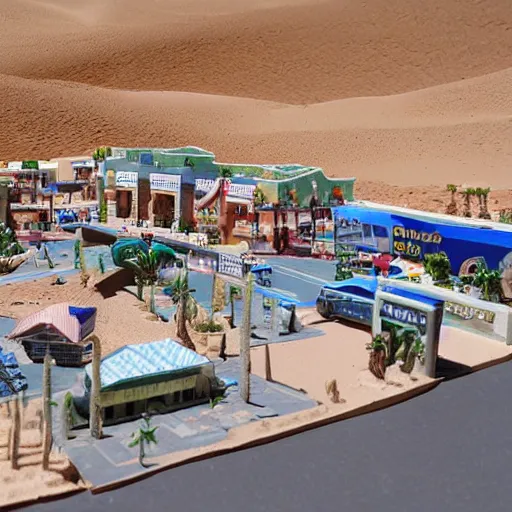 Prompt: A diorama of a shopping center in the middle of the desert