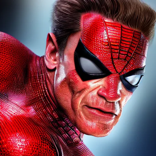 Image similar to Arnold Schwarzenegger as spiderman , muscle extremely detailed, fantastic details full face, mouth, trending on artstation, pixiv, cgsociety, hyperdetailed Unreal Engine 4k 8k ultra HD, WLOP