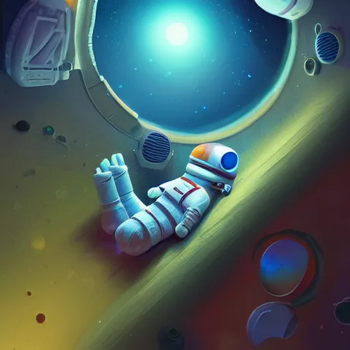 Image similar to tiny astronaut sleeping in bed on moon, time machine, ice, bioluminescence, vegetation, colorful, rim light, highly detailed, tilt shift, digital painting, concept art, smooth, sharp focus, pleasing aesthetics, 3 d render, octane render, disney pixar, 4 k