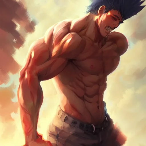 Prompt: anime man with muscles, highly detailed, muscular, very handsome face, digital art, pixiv fanbox, artstation, by greg rutkowski, wlop, miyazaki hayao