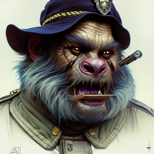 Image similar to portrait painting of a friendly bugbear police officer, d & d, ultra realistic, concept art, intricate details, eerie, highly detailed, photorealistic, octane render, 8 k, unreal engine. art by artgerm and greg rutkowski and magali villeneuve and alphonse mucha