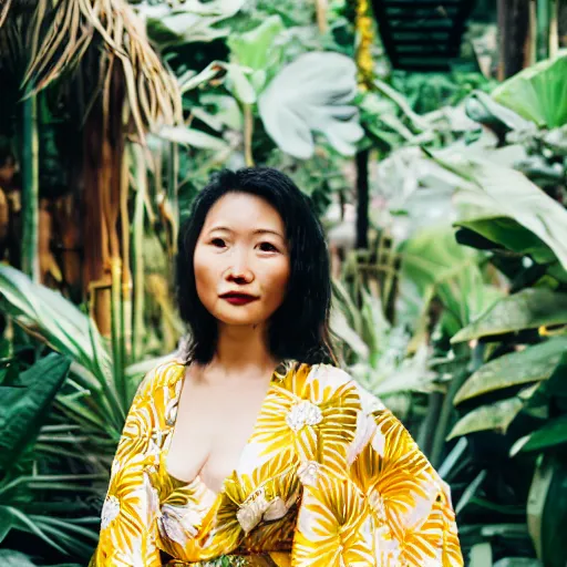 Prompt: close up portrait of beautiful woman wearing a yellow kimono in a tropical greenhouse with an owl on her shoulder, bokeh, cinematic colors