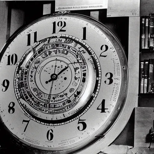 Image similar to albert einstein building intricate and complex clock time machine, vintage photograph