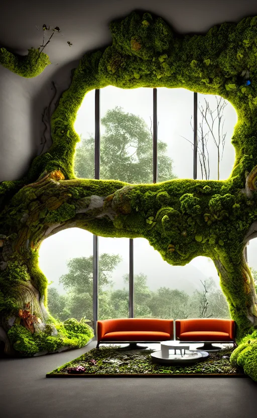 Image similar to highly detailed villa natural beautiful light interior soft cinematic composition of a smooth ceramic porcelain biomorphic magnolia stone nebula fluid sci - fi surreal colorful architecture landscape, furniture, granite, trees, marble, moss, lichen, fungi, vincent callebaut composition, mamou - mani, archviz, 8 k, unreal engine, hdr