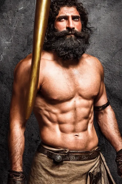 Image similar to portrait of a herculean jewish warrior. smooth iron and bronze armour. rugged young man, very beautiful. big muscles, cinematic lighting, highly detailed, full body shot. beard. bollywood action movie poster