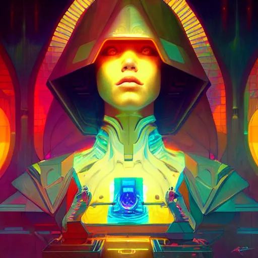 Image similar to a cybernetic temple, vaporwave aesthetic, colorful, psychedelic, digital painting, artstation, concept art, smooth, sharp focus, illustration, art by artgerm and greg rutkowski and alphonse mucha