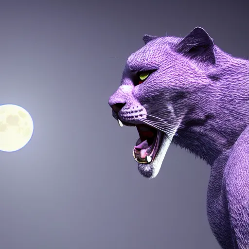 Image similar to closeup of a purple panther roaring at the moon. forest. night. large moon in the center. trending on artstation. cinematic. photoreal. dark colors.