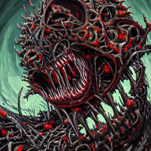 Image similar to Hyper detailed painting of a horrid eyeless biomechanical abomination covered in endless teeth as it devours The Void itself.