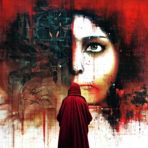 Image similar to a nostalgic latina in red monk habit is being rasterized into pixels, she is surrounded by digital birds, the background is an infinite virtual world, oil on canvas by yoji shinkawa, esao andrews, dave mckean and stina persson