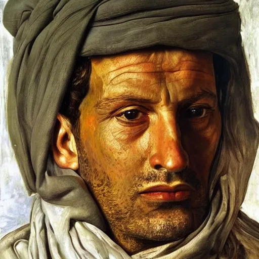 Image similar to high quality high detail painting by lucian freud, hd, portrait of an arab lord, photorealistic lighting