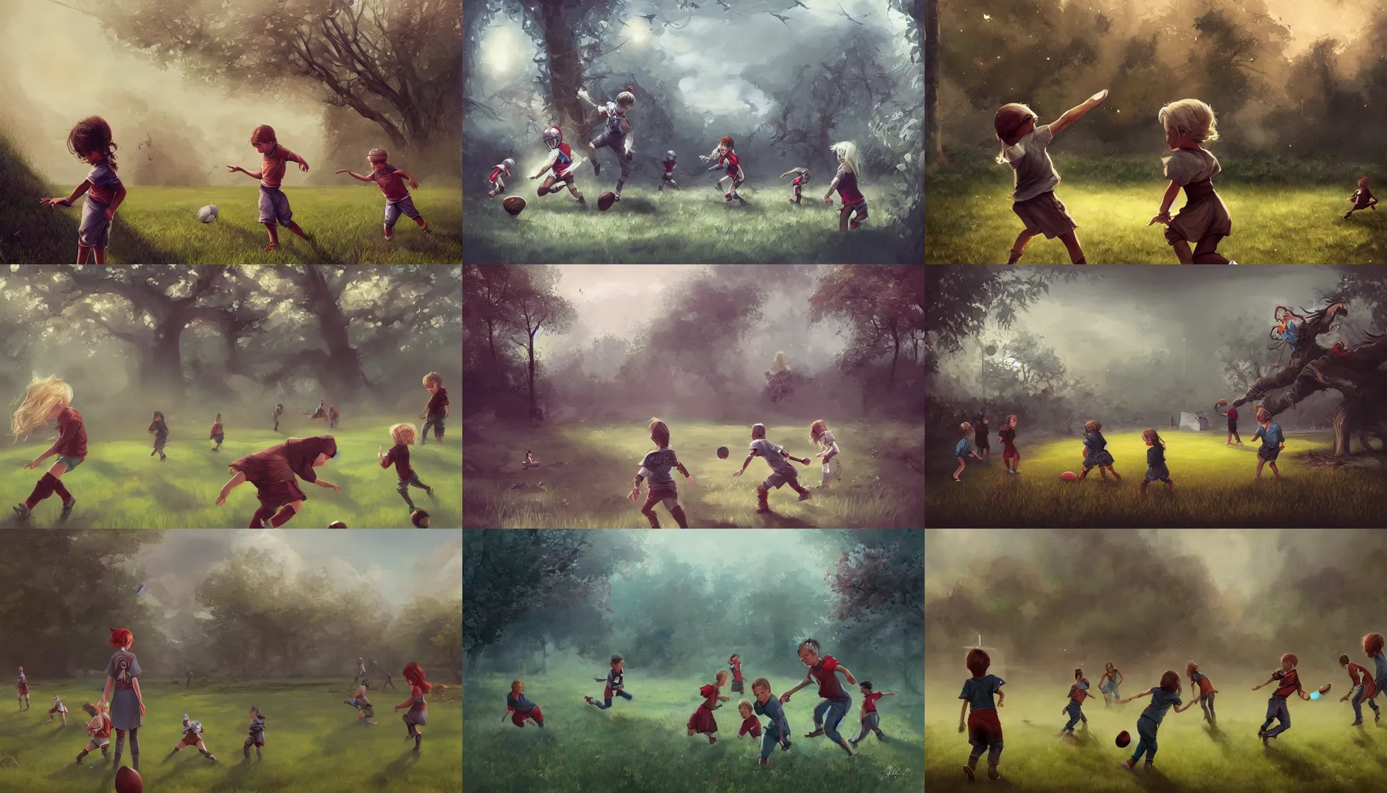 Prompt: fantasy painting of backyard football field with a pair of playing children, wide shot, digital painting, intricate details, trending on artstation, art by charlie bowater