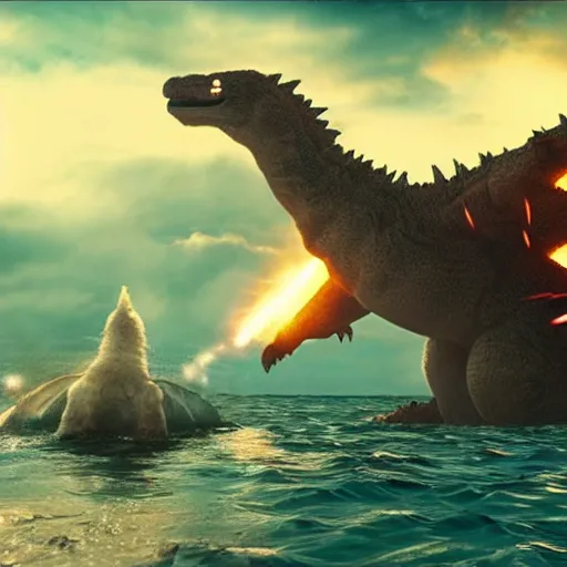 Image similar to gigantic 1 0 0 meters beagle fighting with godzilla over the sea, epic cinematic, 4 k, very high detail