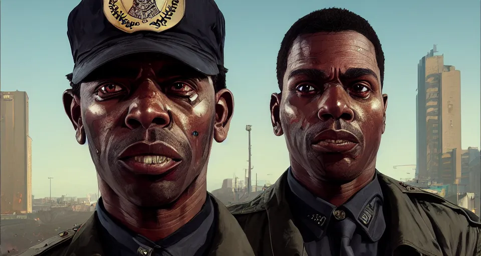 Image similar to highly detailed portrait black police officer zombie in gta v, stephen bliss, unreal engine, fantasy art by greg rutkowski, loish, rhads, ferdinand knab, makoto shinkai and lois van baarle, ilya kuvshinov, rossdraws, tom bagshaw, global illumination, detailed and intricate environment