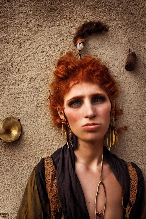 Image similar to 19th Century Barbary Coast pirate beautiful female model with amazing Ginger hair and Golden hooped earrings photography by Steve McCurry