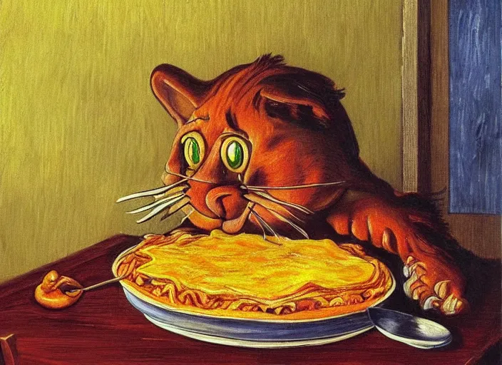 Image similar to detailed realistic realism painting of garfield eating lasagna at dusk, in the style of vincent van gogh and salvador dali and leonardo da vinci