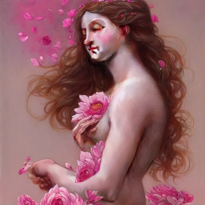 Image similar to a wonderful goddess with a realistic body made of pink petals, intricate, elegant, highly detailed, wonderful eyes, sweet, digital painting, artstation, concept art, smooth, sharp focus, illustration, art by artgerm and greg rutkowski and alphonse mucha and william - adolphe bouguereau