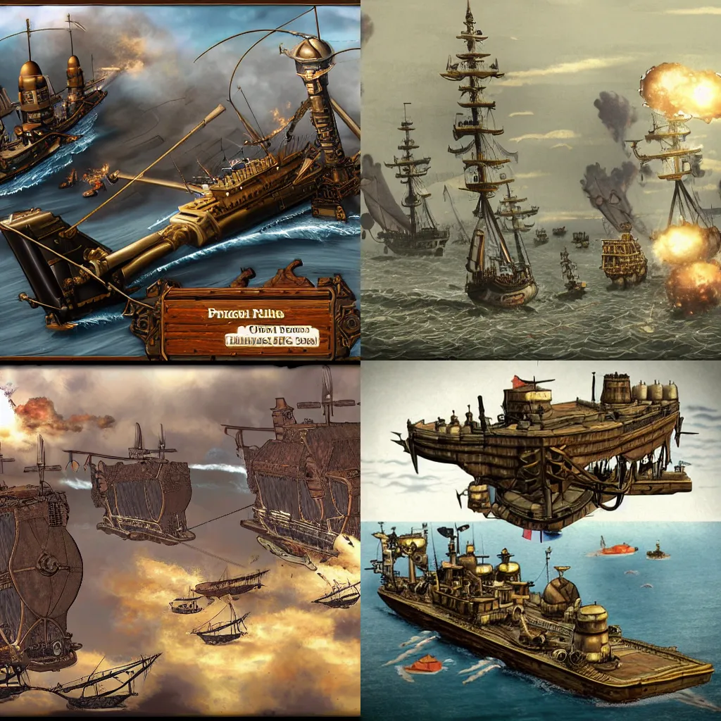 Prompt: Steampunk naval battle with airships
