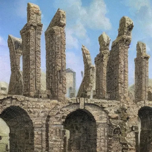 Image similar to Medieval megastructure in ruins, fantasy art