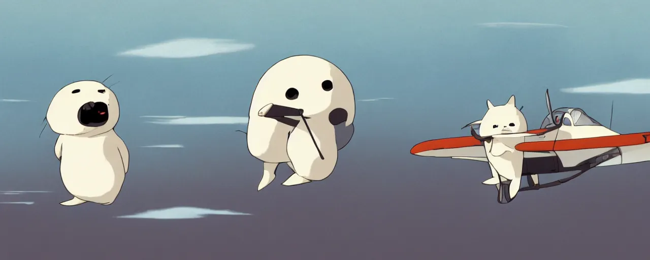 Image similar to baby harp seal dressed as a 1 9 3 0 s pilot flying a japanese zero, 1 9 3 0 s, atey ghailan, goro fujita, studio ghibli, rim light, intense daytime lighting, clear focus, very coherent